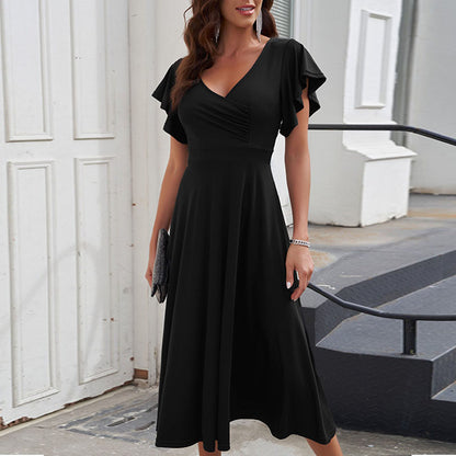 Ruffled V-Neck Waist-Slimming Midi Dress