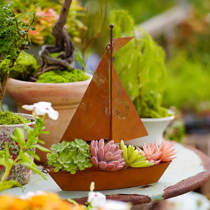 Rusted Sailboat Flower Pot Metal Art Decor