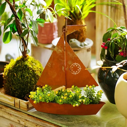 Rusted Sailboat Flower Pot Metal Art Decor