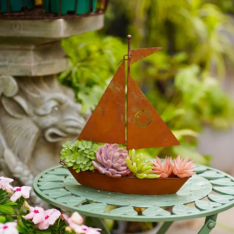Rusted Sailboat Flower Pot Metal Art Decor