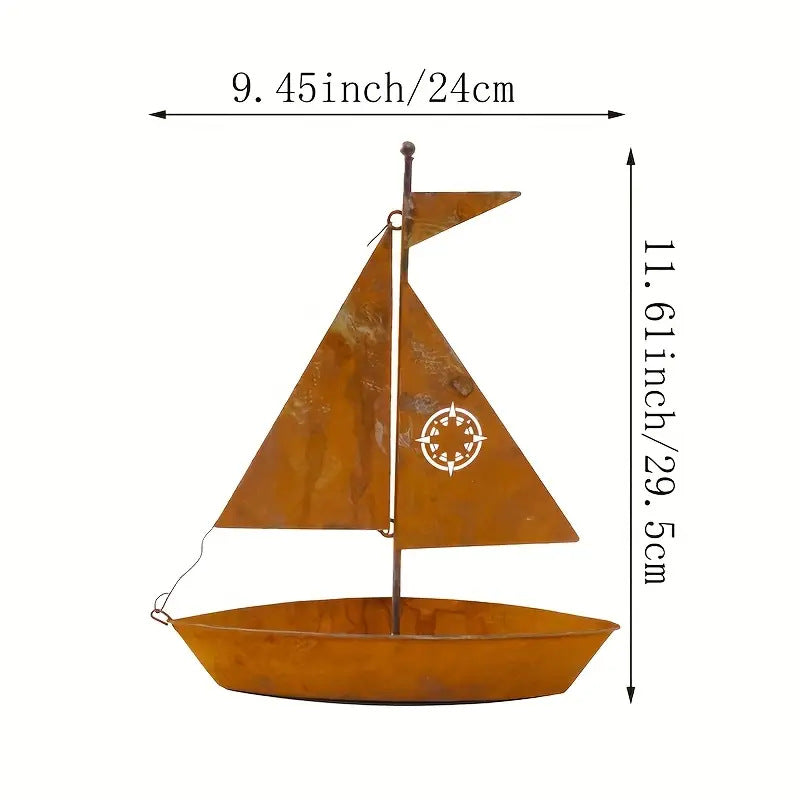 Rusted Sailboat Flower Pot Metal Art Decor
