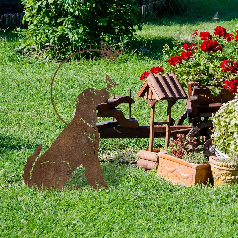 Rustic Iron Dog and Butterfly Garden Stakes