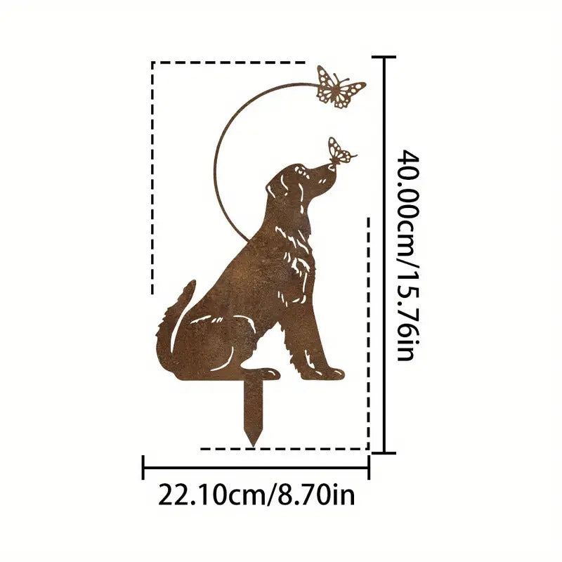 Rustic Iron Dog and Butterfly Garden Stakes