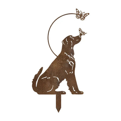 Rustic Iron Dog and Butterfly Garden Stakes