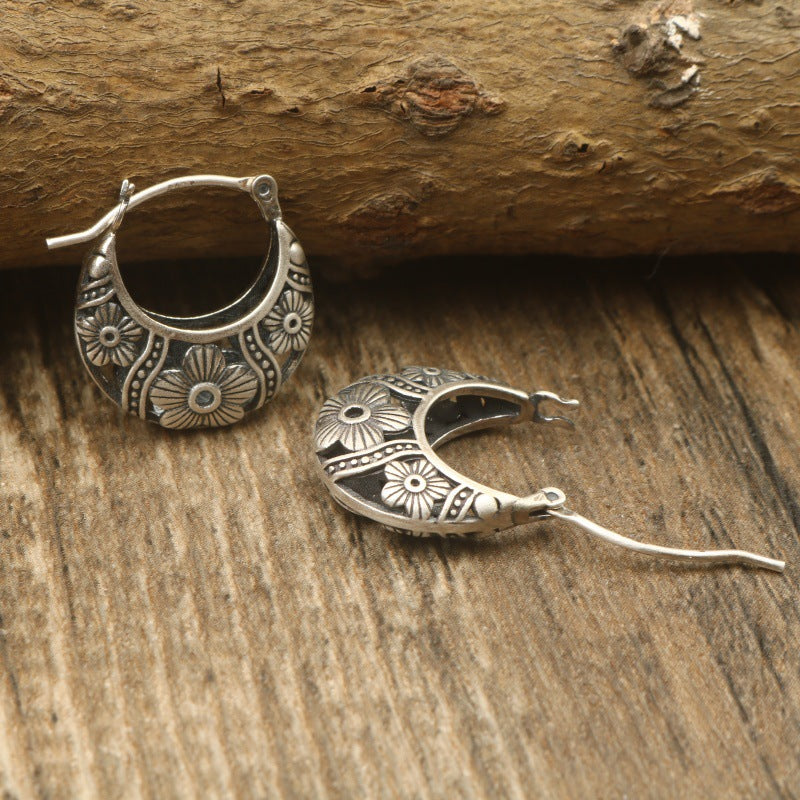 S925 Floral Vintage Silver Earrings