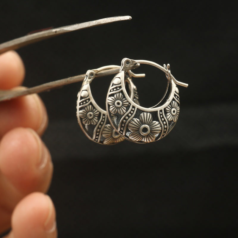 S925 Floral Vintage Silver Earrings