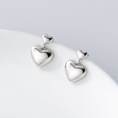 S925 pure silver double heart pendant earrings
