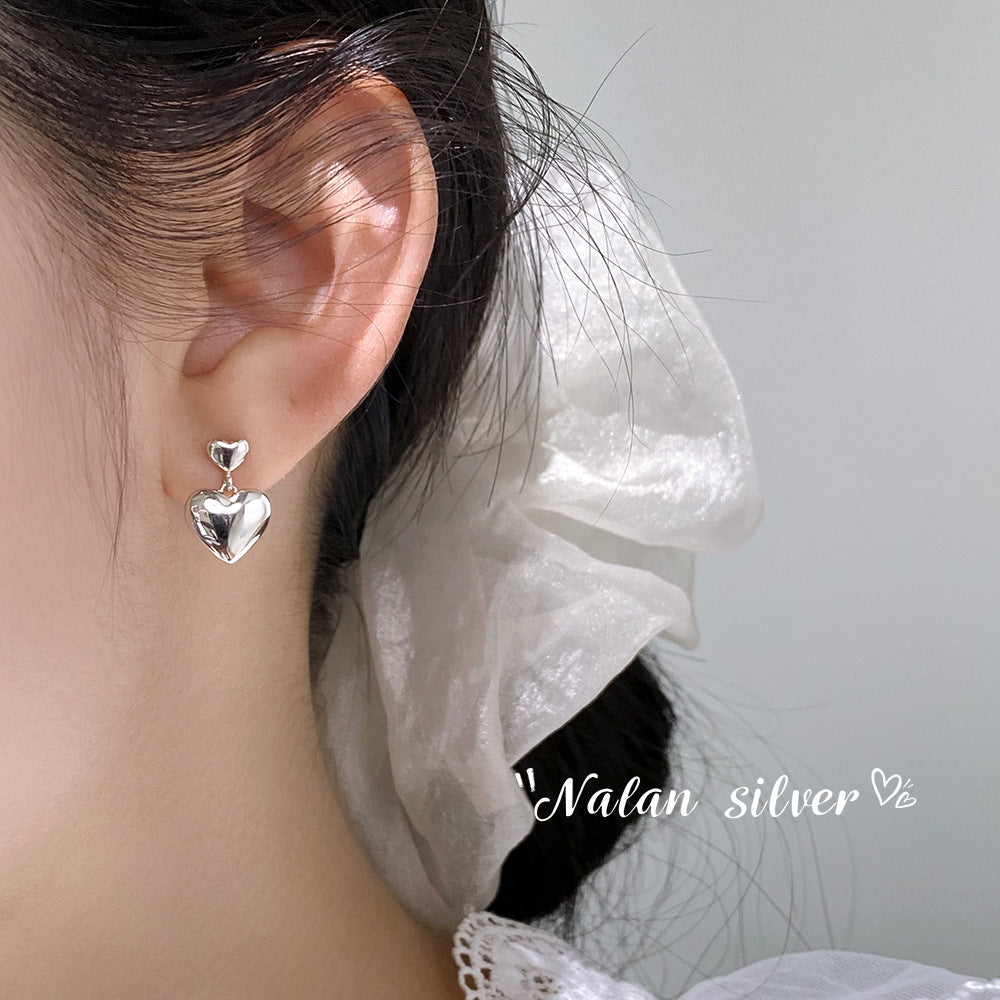 S925 pure silver double heart pendant earrings