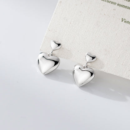 S925 pure silver double heart pendant earrings
