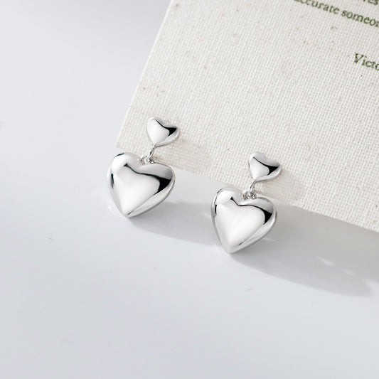 S925 pure silver double heart pendant earrings