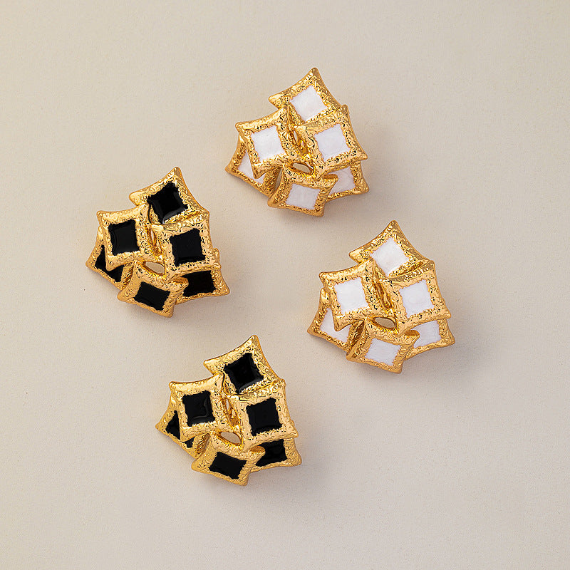 S925 Silver Geometric Enamel Earrings Retro Design