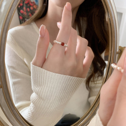 S925 Silver Pearl Ring, Accessible Luxury, Fine Style, Shijia Pearl, Red Agate Elastic Rope Ring, Basic Stacking Ring