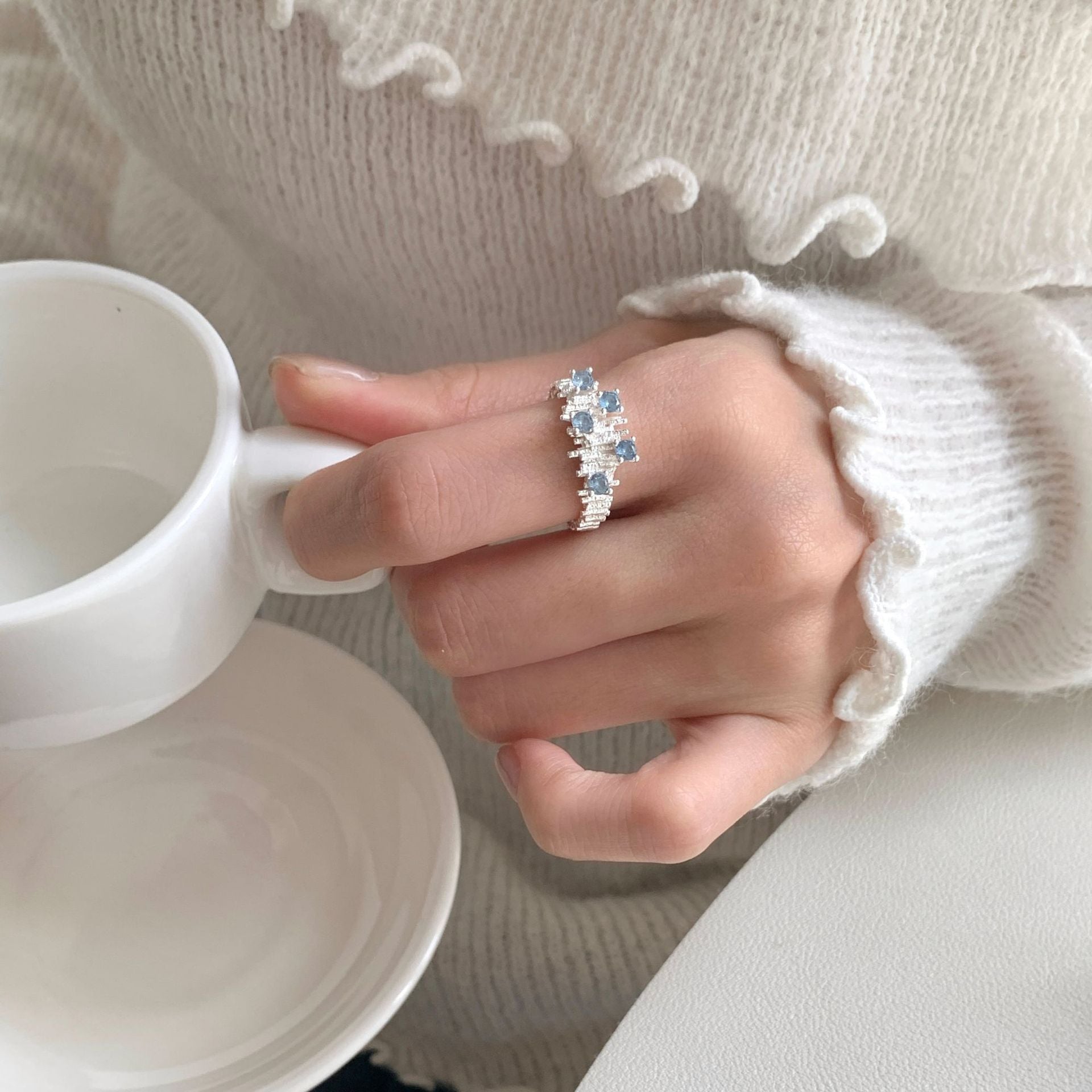 S925 Sterling Silver Aqua Blue Zircon Geometric Ring