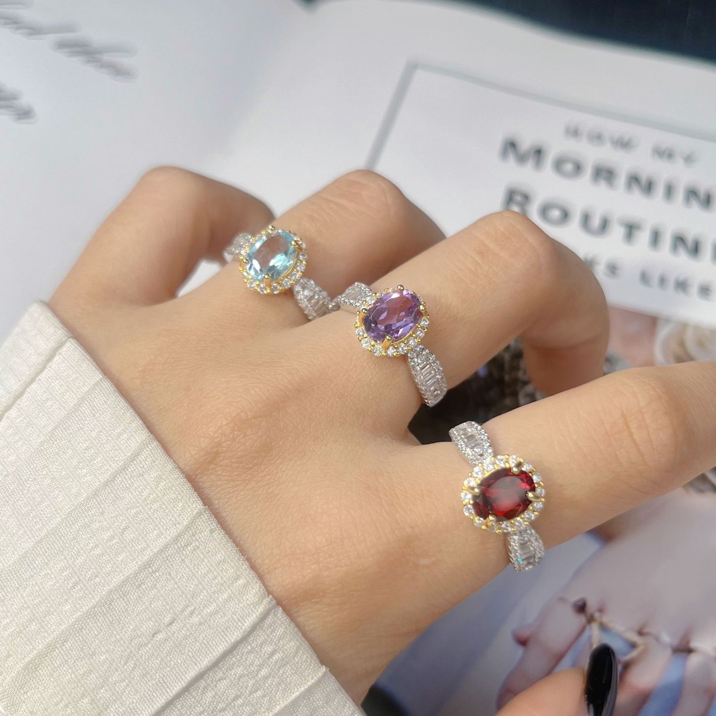 S925 Sterling Silver Natural Gemstone Open Ring