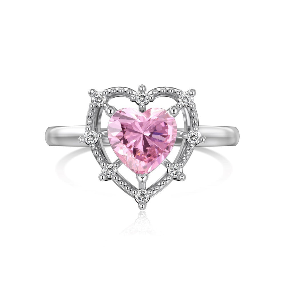 S925 Sterling Silver Pink Love Heart Geometric Zircon Ring for Women