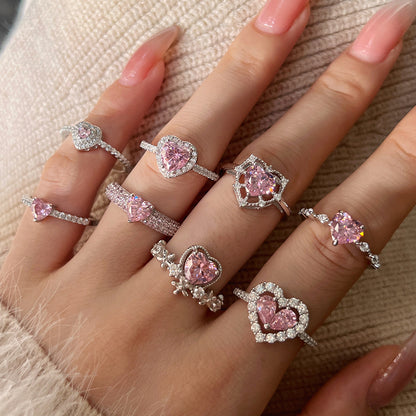S925 Sterling Silver Pink Love Heart Geometric Zircon Ring for Women