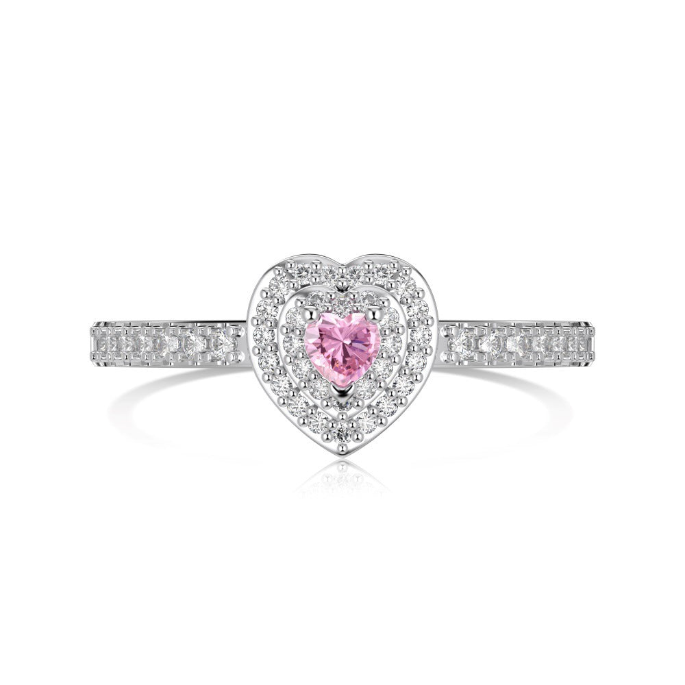 S925 Sterling Silver Pink Love Heart Geometric Zircon Ring for Women