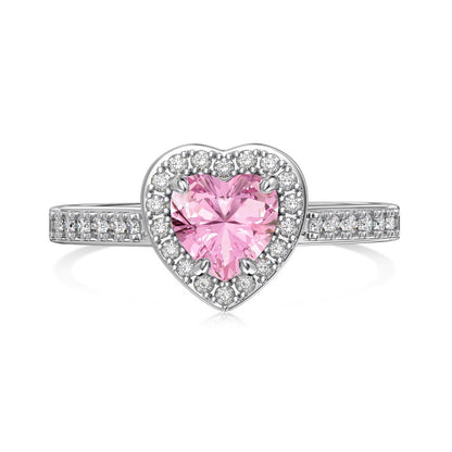 S925 Sterling Silver Pink Love Heart Geometric Zircon Ring for Women