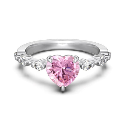S925 Sterling Silver Pink Love Heart Geometric Zircon Ring for Women