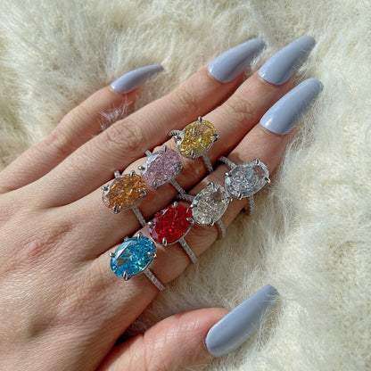 S925 Sterling Silver Ring for Women – Luxurious, High-End 8A Oval Colored Ice-Flower Cut Zircon
