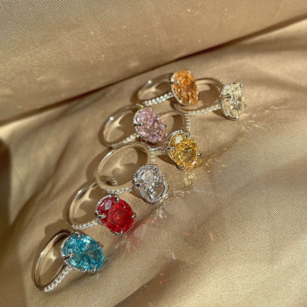S925 Sterling Silver Ring for Women – Luxurious, High-End 8A Oval Colored Ice-Flower Cut Zircon