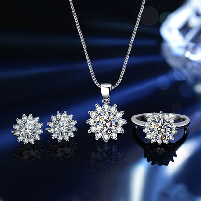 S925 Sterling Silver Sunflower Moissanite Three-Piece Jewelry Set