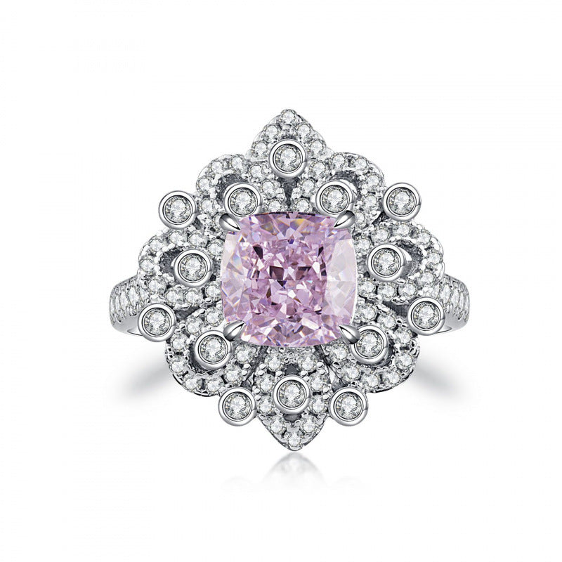 S925 Sterling Silver Zircon Ring Women Geometric Floral Design