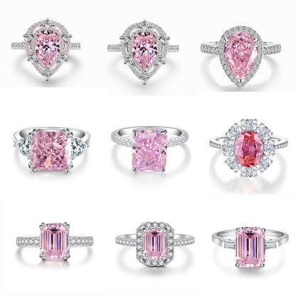 S925 Sterling Silver Zircon Ring Women Pink Ice Flower Cut