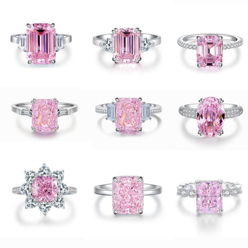 S925 Sterling Silver Zircon Ring Women Pink Ice Flower Cut