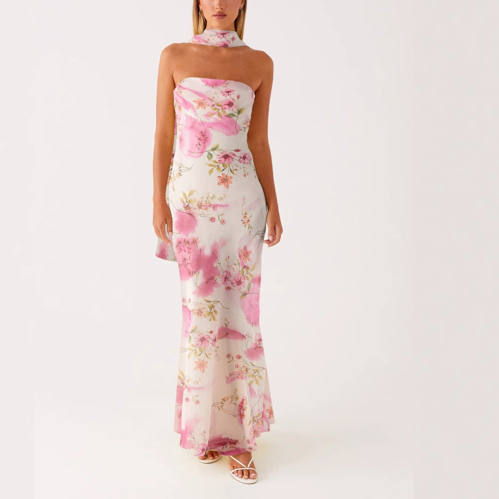 Satin Backless Floral Print Dress