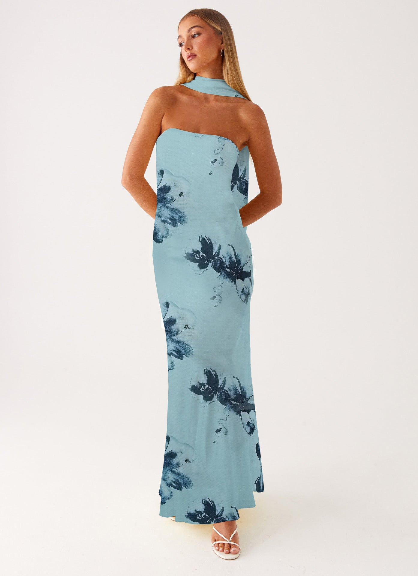 Satin Backless Floral Print Dress