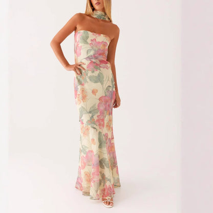 Satin Backless Floral Print Dress