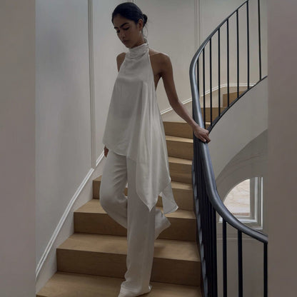 Satin Halter Neck Asymmetric Top