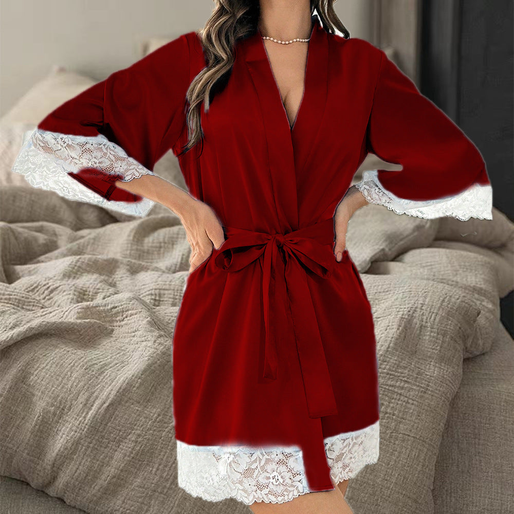 Satin Lace Trim Cardigan Pajamas