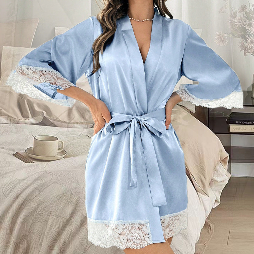 Satin Lace Trim Cardigan Pajamas