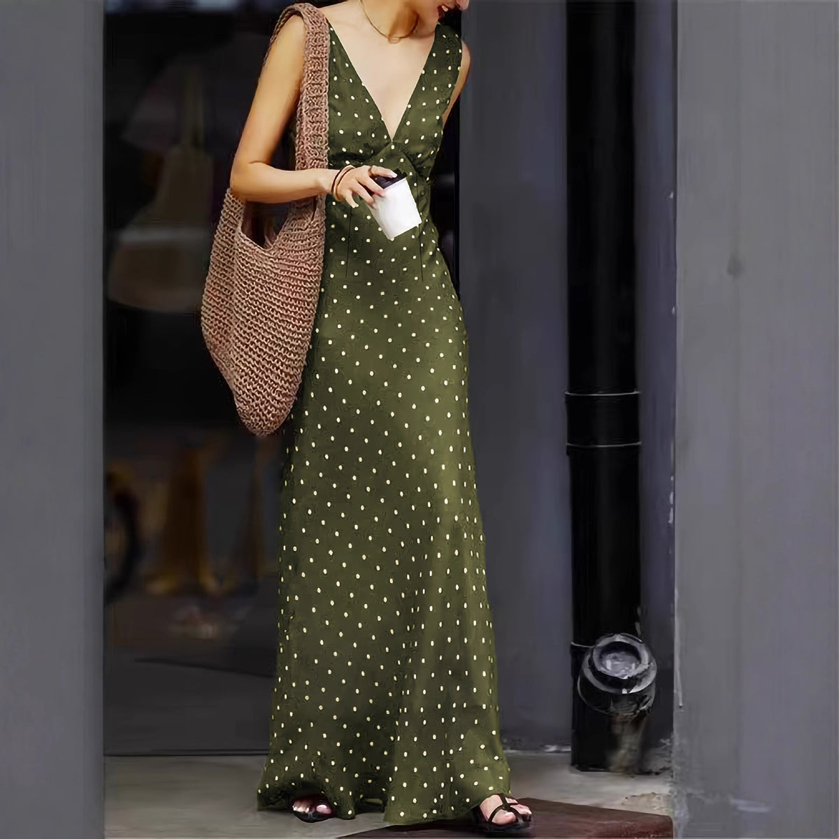 Satin Polka Dot Lace-up Waist Dress