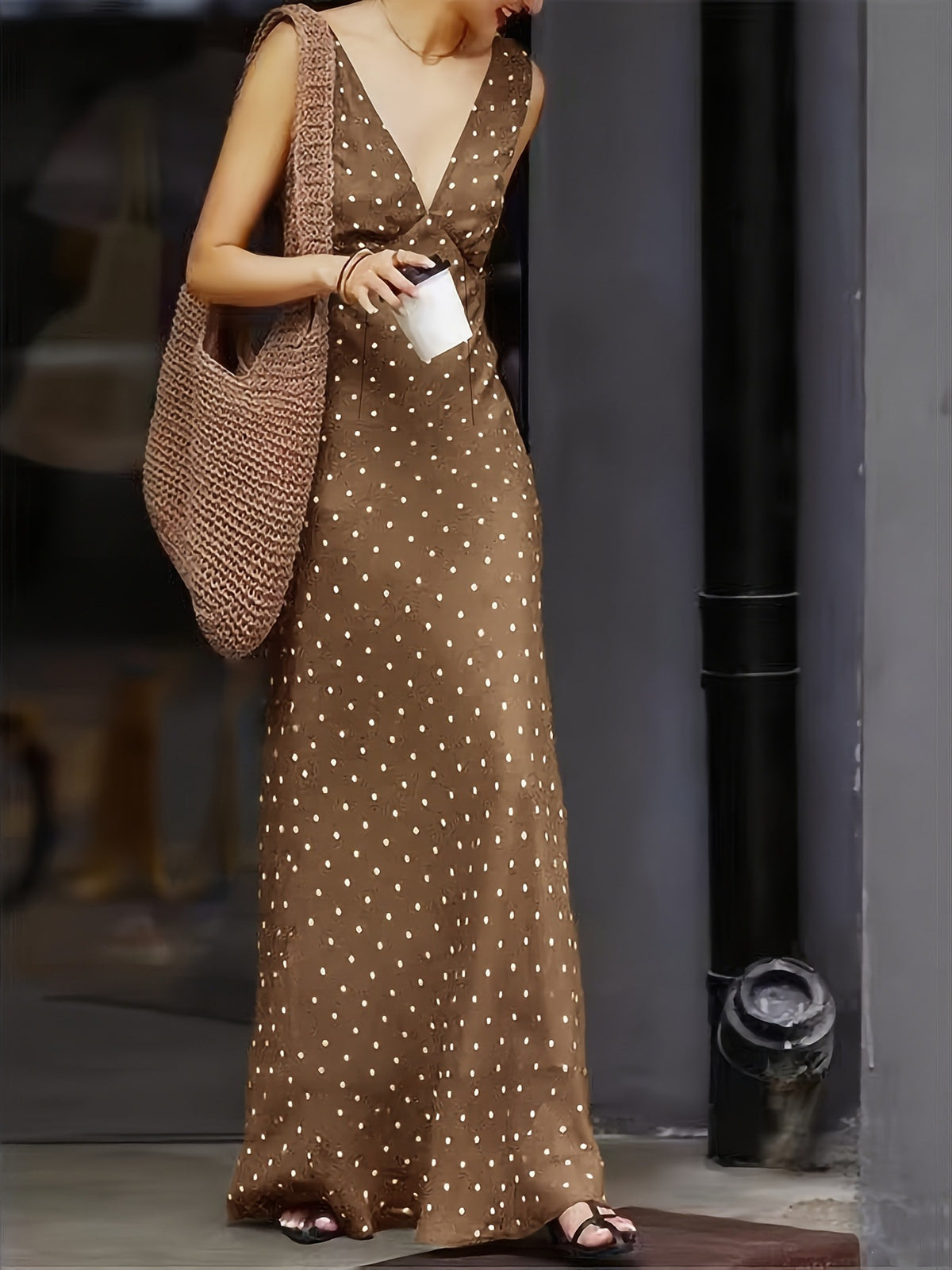 Satin Polka Dot Lace-up Waist Dress
