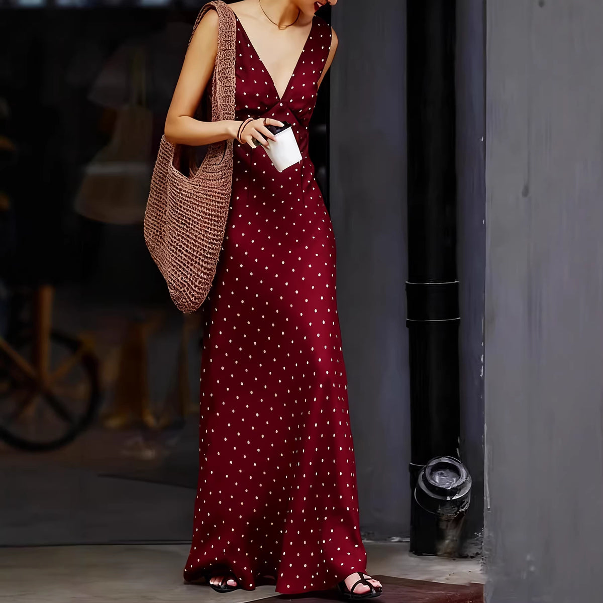 Satin Polka Dot Lace-up Waist Dress