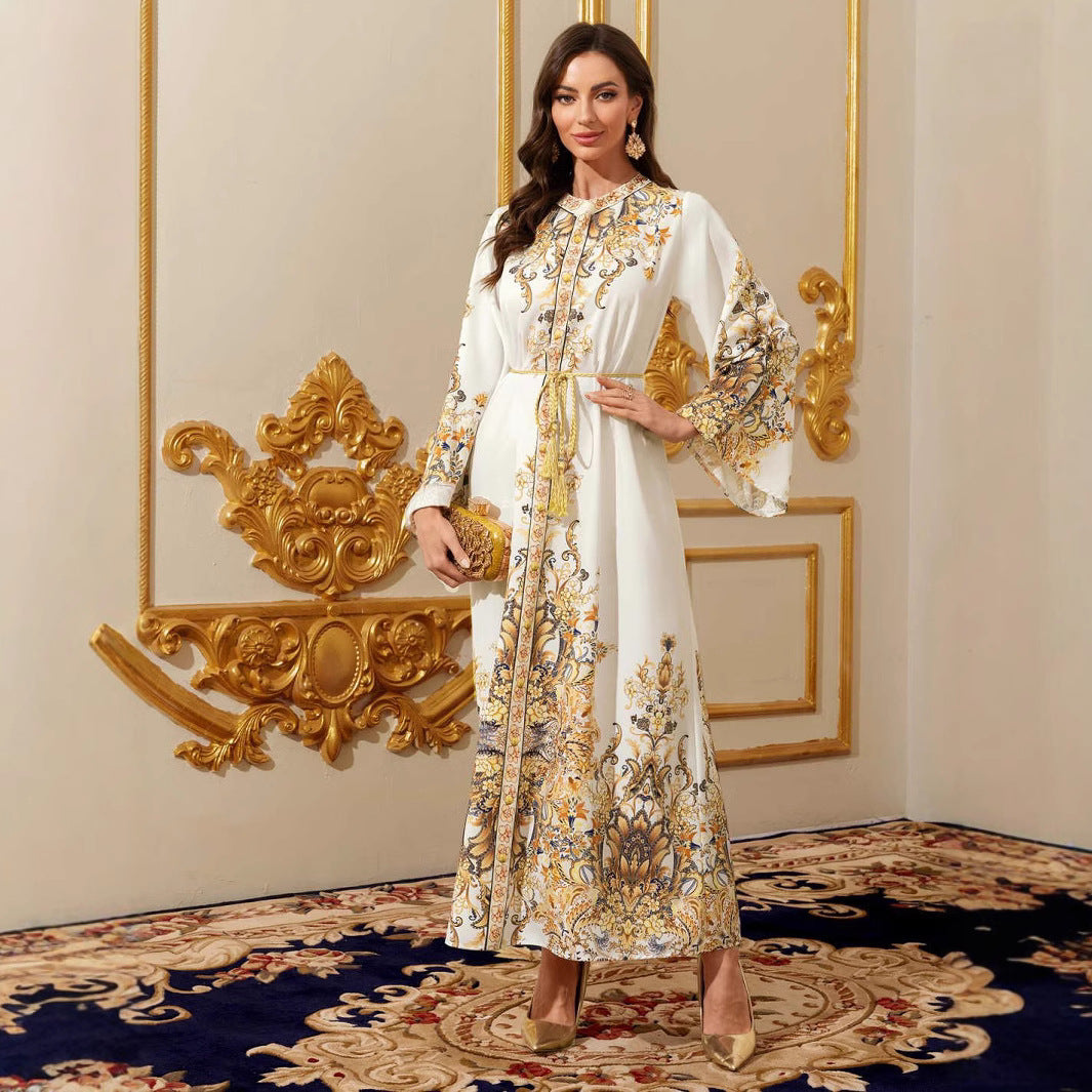 Satin printed dress and long skirt