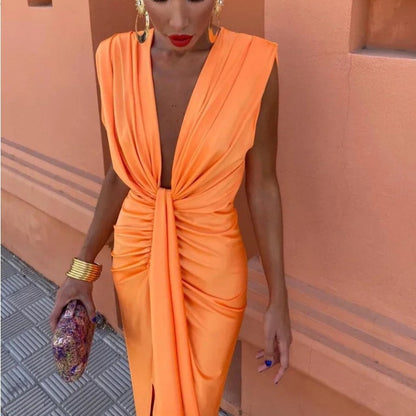 Satin V-neck Sleeveless Pleated Dress