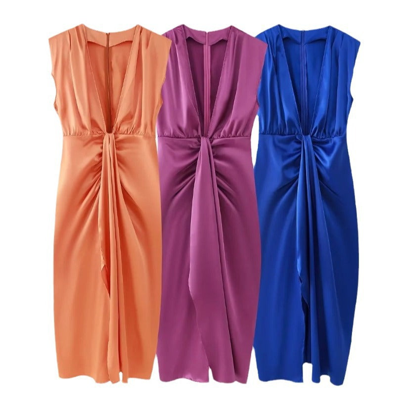 Satin V-neck Sleeveless Pleated Dress