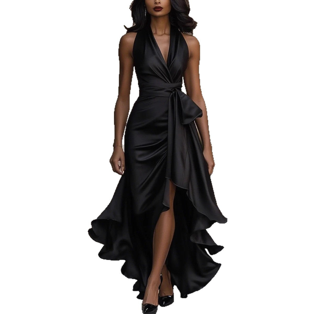 Satin V Neck Sleeveless Ruffled Dress