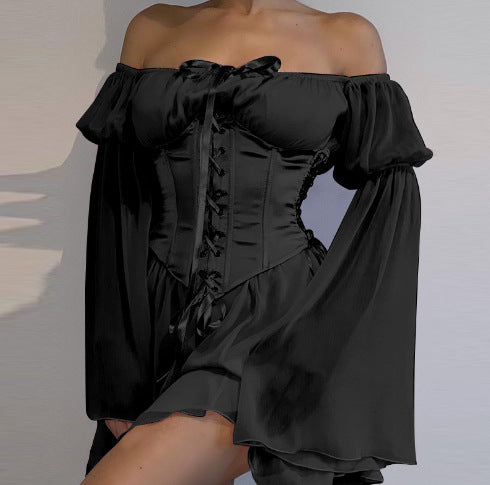 Seal Lace-up Waist Trumpet Sleeve Dress
