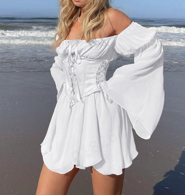 Seal Lace-up Waist Trumpet Sleeve Dress