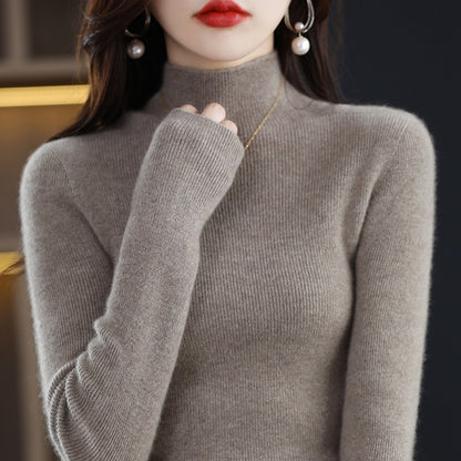 Seamless Half-Turtleneck Wool Sweater Women Slim-Fit Knitted Pullover