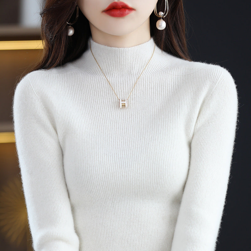 Seamless Half-Turtleneck Wool Sweater Women Slim-Fit Knitted Pullover