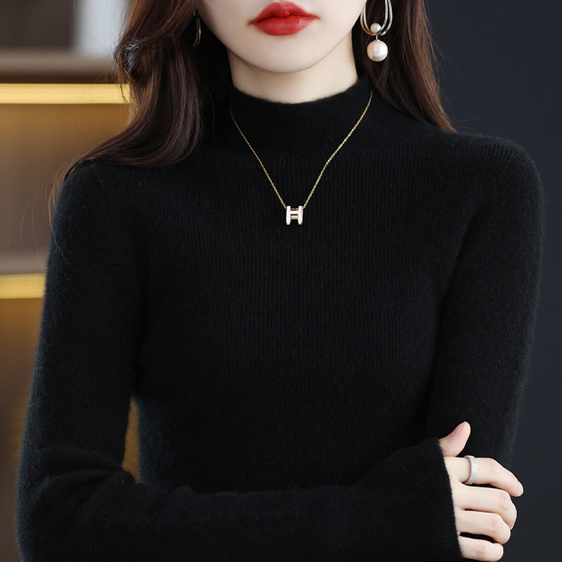 Seamless Half-Turtleneck Wool Sweater Women Slim-Fit Knitted Pullover