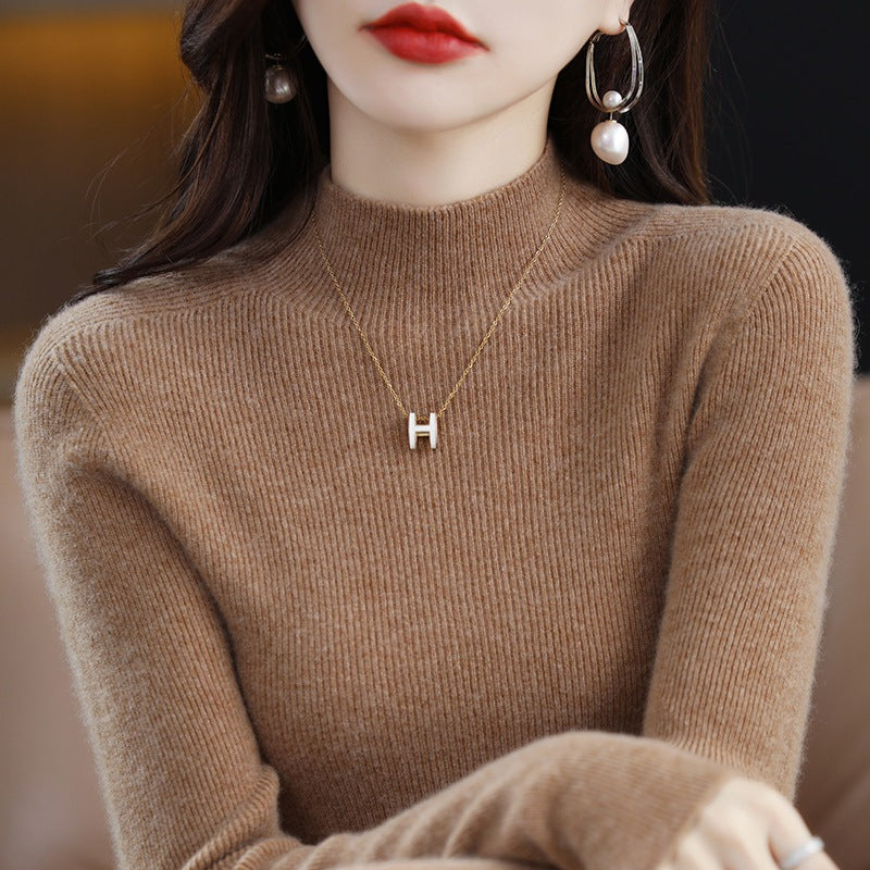 Seamless Half-Turtleneck Wool Sweater Women Slim-Fit Knitted Pullover