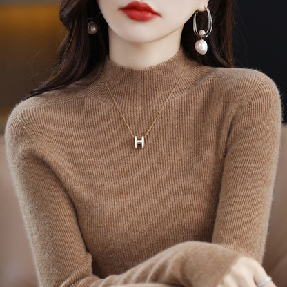 Seamless Half-Turtleneck Wool Sweater Women Slim-Fit Knitted Pullover