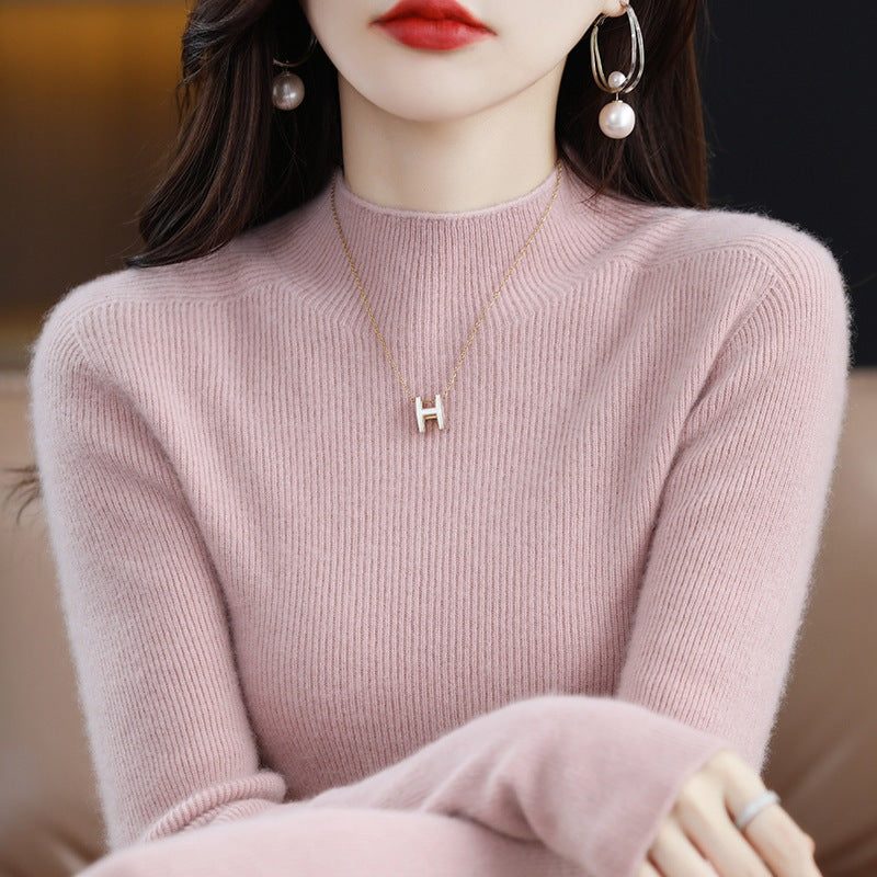 Seamless Half-Turtleneck Wool Sweater Women Slim-Fit Knitted Pullover